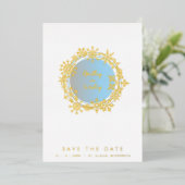 Invitation En Aluminium Minimalist Golden & Blue Snowflake Winter  (Debout devant)