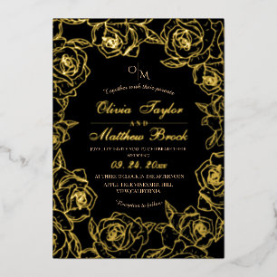 Invitation En Aluminium Minimaliste Elegant Noir et or Fleurs Mariage