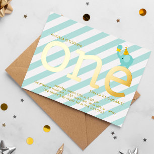 Invitation En Aluminium Mint et Faux Gold Foil Eléphane fête d'anniversair