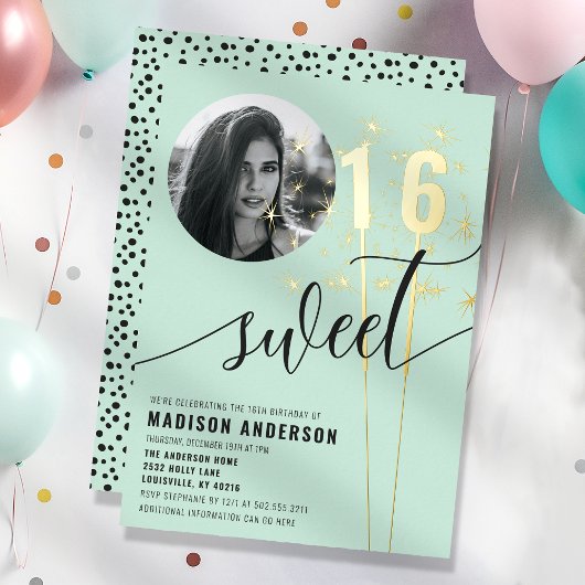Invitation En Aluminium Mint Green Sparkler Sweet 16 Anniversaire Photo