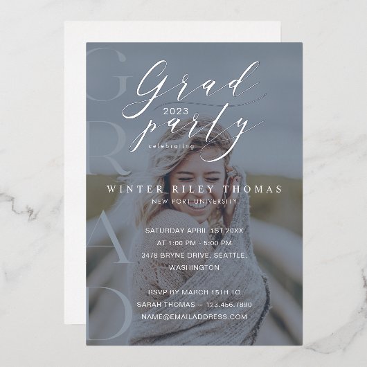 Invitation En Aluminium Minuscule Blue Photo Grad Party Moderne Calligraph (Recto/Verso)