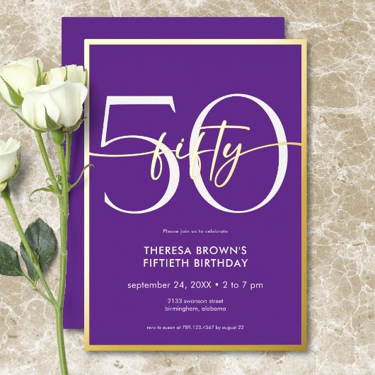 Invitation En Aluminium Minuscule violet moderne Cinquante Script Annivers