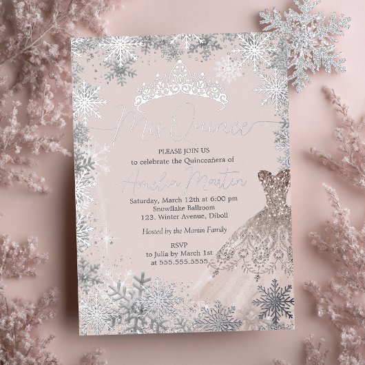 Invitation En Aluminium Mis Quince Blush Winter Snowflake Quinceanera