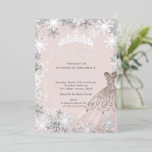 Invitation En Aluminium Mis Quince Blush Winter Snowflake Quinceanera (Debout devant)