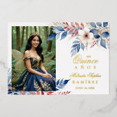 Invitation En Aluminium Mis XV Delicate Blue Red Shades Floral Botanical  (Recto)