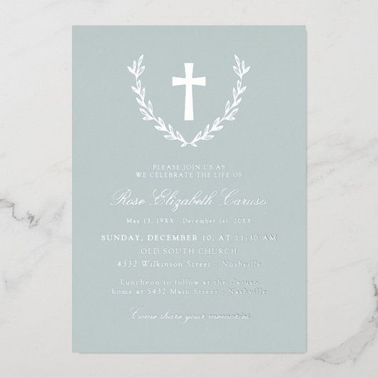 Invitation En Aluminium Mist Silver Wreath Cross Célébration de la vie (Recto)