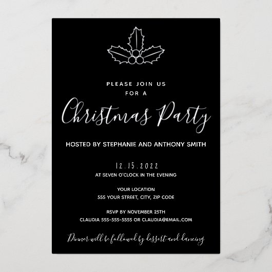 Invitation En Aluminium Mistletoe noir et or minimum Noël (Devant)