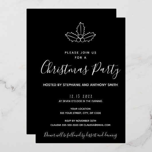 Invitation En Aluminium Mistletoe noir et or minimum Noël (Recto/Verso)