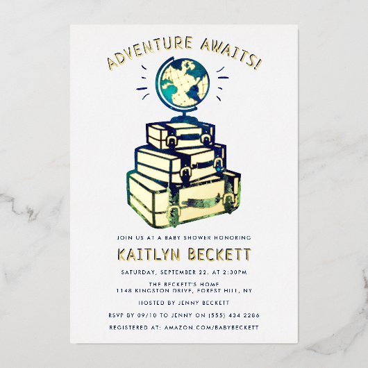 Invitation En Aluminium Modern Adventure Travel Globe Baby shower Real (Recto)