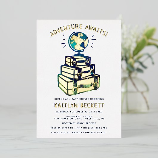 Invitation En Aluminium Modern Adventure Travel Globe Baby shower Real (Debout devant)