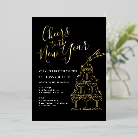 Invitation En Aluminium Modern Black Cheers to the New Year Party (Debout devant)