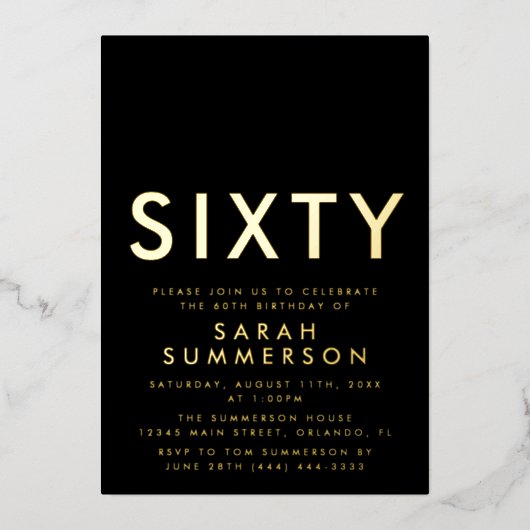 Invitation En Aluminium Modern Black Gold Sixty 60th Birthday Party (Recto)