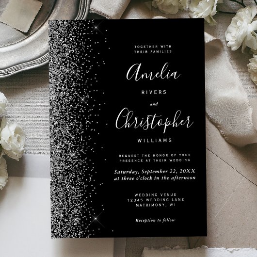 Invitation En Aluminium Modern Black Silver Glitter Edge Wedding