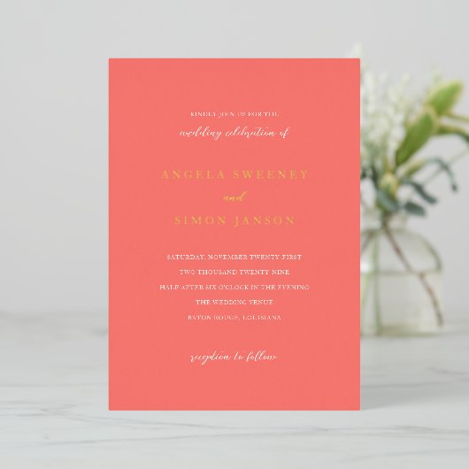 Invitation En Aluminium Modern Bold Vibrant Coral Simple Wedding (Debout devant)