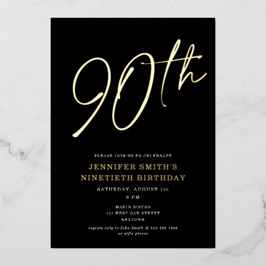 Invitation En Aluminium Modern Chic Script Ninetieth 90e fête d'anniversai (Recto)
