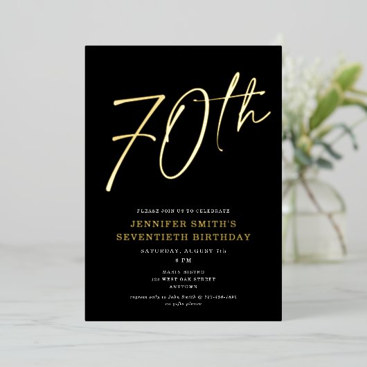 Invitation En Aluminium Modern Chic Script Seventieth 70e fête d'anniversa (Debout devant)