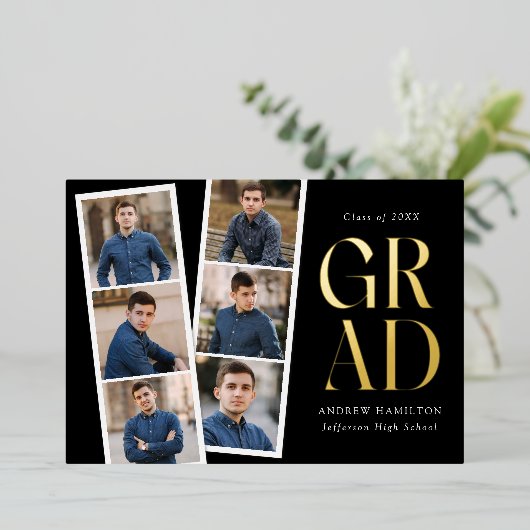 Invitation En Aluminium Modern Filmstrip Black 6 Photo Graduation Party (Debout devant)