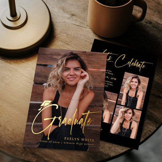 Invitation En Aluminium Modern Grad Cap Script 4 Photo Simple Graduation