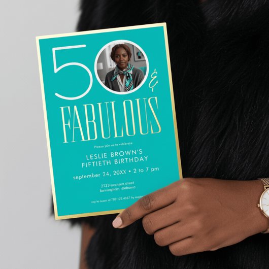 Invitation En Aluminium Modern Minimal Aqua Fifty Fabulous Photo Birthday