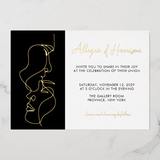 Invitation En Aluminium Modern Minimal Gold Black Line Art Wedding (Recto)