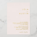 Invitation En Aluminium Modern Minimal Gold Blush Traditional Wedding Real<br><div class="desc">Cette invitation traditionnelle à la feuille d'or minimaliste moderne est parfaite pour votre mariage boho classe. Son design abstrait simple et unique, accompagné d'un script minimaliste contemporain, d'une palette de couleurs dorées et blush, et de lettrage brillant haut de gamme, donne à ce produit une sensation de luxe formel élégant...</div>