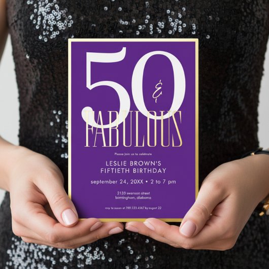 Invitation En Aluminium Modern Minimal Purple Fifty & Fabulous Birthday