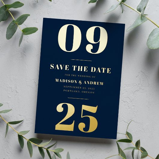 Invitation En Aluminium Modern Navy et Gold Bold Date Enregistrer la date