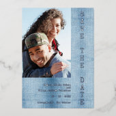 Invitation En Aluminium Modern Romantic Blue Jean Engaged Couple Photo (Recto)