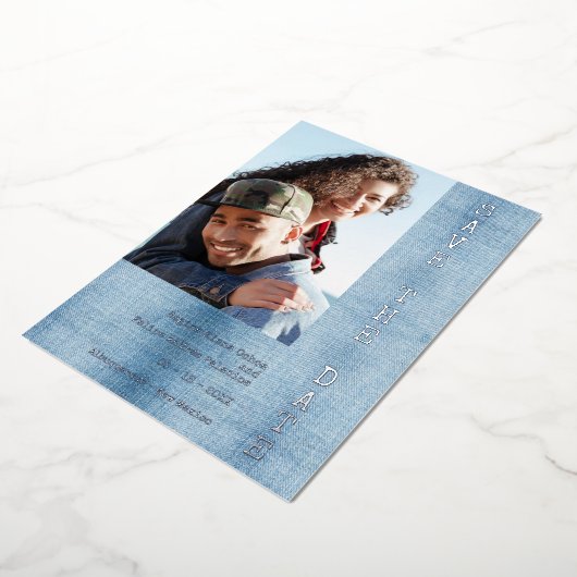 Invitation En Aluminium Modern Romantic Blue Jean Engaged Couple Photo (Rotation)