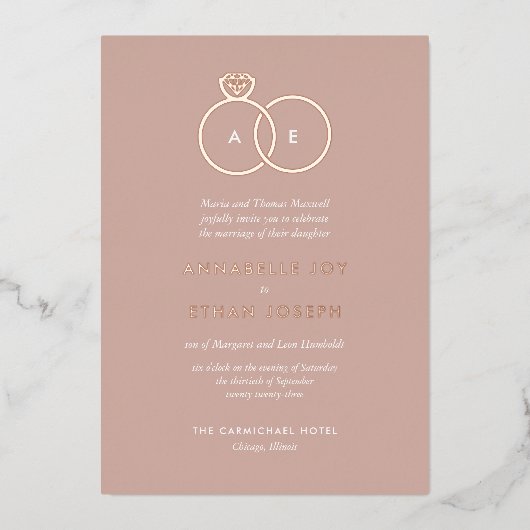 Invitation En Aluminium Modern Rose Gold Rings Deep Blush Wedding (Recto)