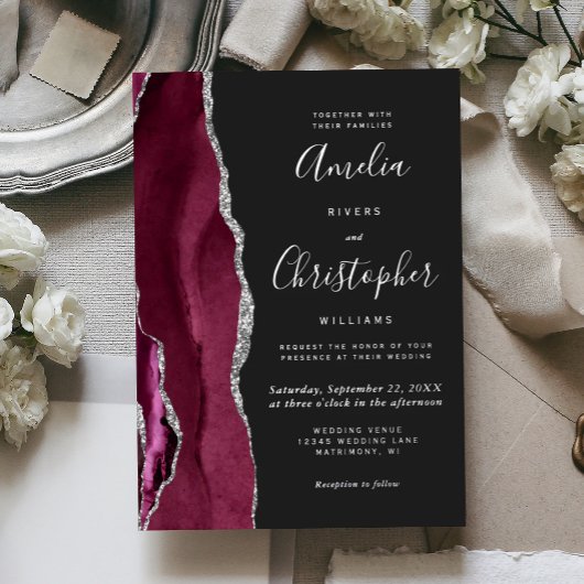 Invitation En Aluminium Modern Silver Burgundy Agate Dark Wedding