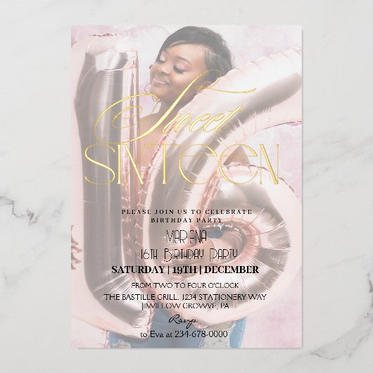 Invitation En Aluminium Modern Sweet 16 Black & Gold Photo Anniversaire (Recto)