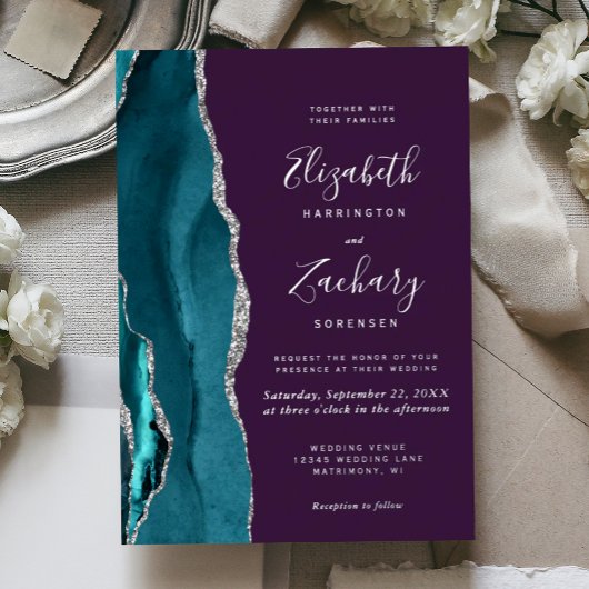 Invitation En Aluminium Modern Teal Silver Agate Purple Wedding