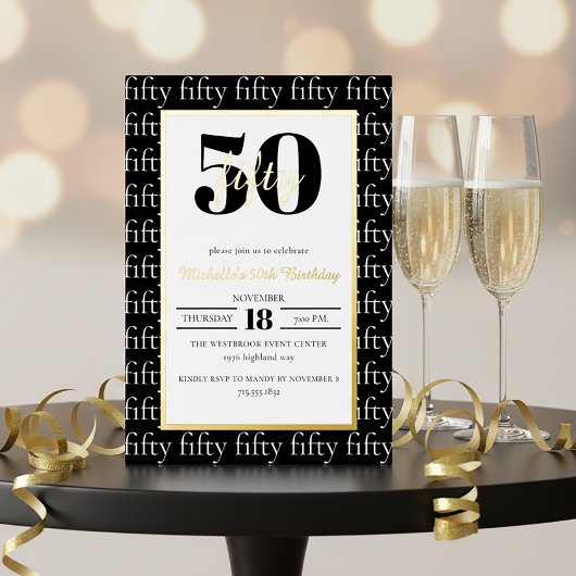 Invitation En Aluminium Modern Typography 50th Birthday Party Black Gold