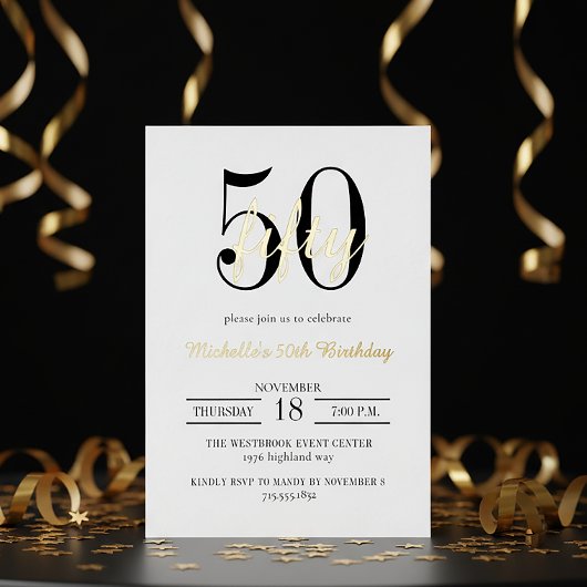 Invitation En Aluminium Modern Typography 50th Birthday White Black Gold