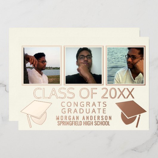 Invitation En Aluminium Moderne 3 Captures de Graduation Photo Rose d'ivoi (Recto/Verso)