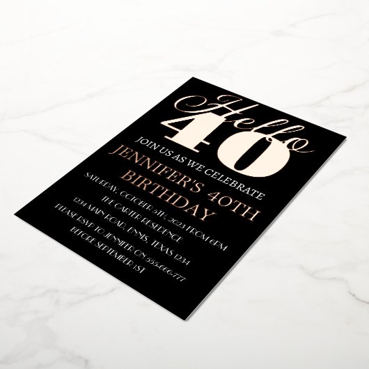 Invitation En Aluminium Moderne 40e anniversaire Black Rose Gold Foil QR C (Rotation)