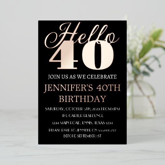 Invitation En Aluminium Moderne 40e anniversaire Black Rose Gold Foil QR C (Debout devant)