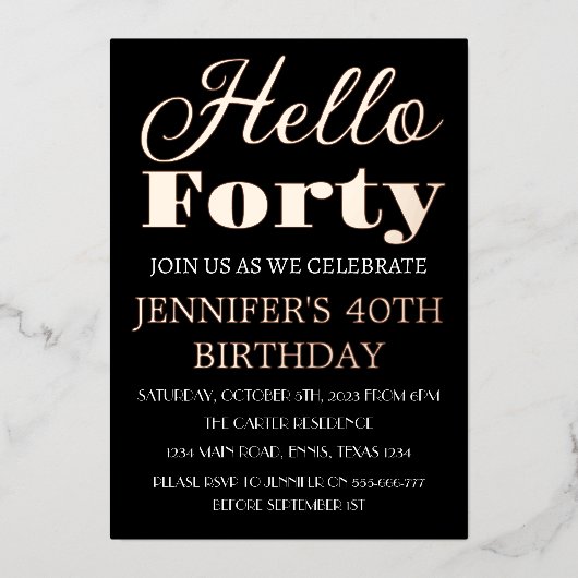 Invitation En Aluminium Moderne 40e anniversaire Black Rose Gold Foil QR C (Recto)