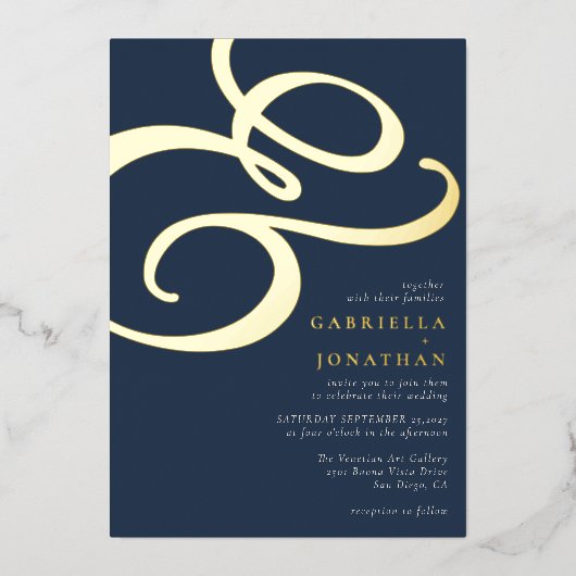 Invitation En Aluminium Moderne Ampersand Marine Blue Mariage Gold (Recto)