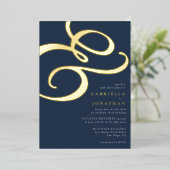 Invitation En Aluminium Moderne Ampersand Marine Blue Mariage Gold (Debout devant)