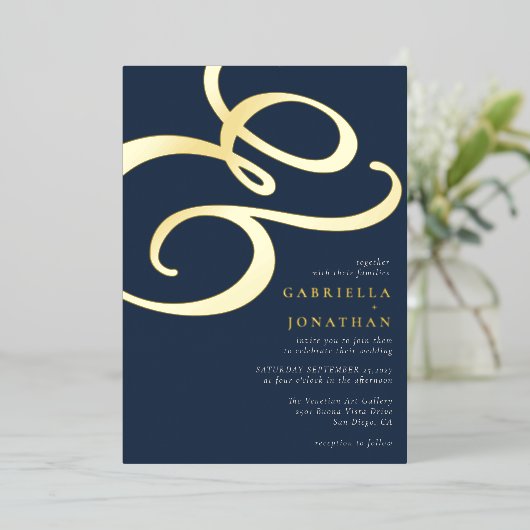 Invitation En Aluminium Moderne Ampersand Marine Blue Mariage Gold (Debout devant)