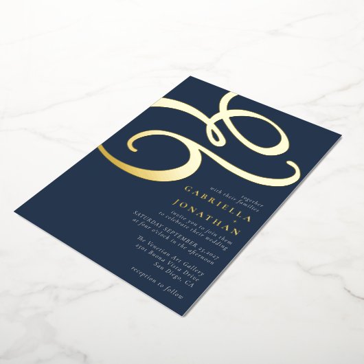 Invitation En Aluminium Moderne Ampersand Marine Blue Mariage Gold (Rotation)
