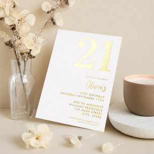 Invitation En Aluminium Moderne Anniversaire 21 Ans Élégant Blanc Et Or
