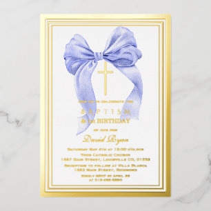 Invitation En Aluminium Moderne Baptême Garçon Ruban Bleu Or 1er Anniversa