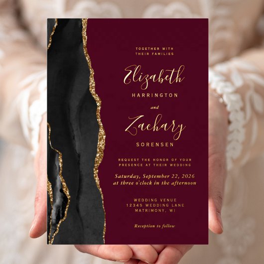 Invitation En Aluminium Moderne Black Gold Agate Bourgogne Mariage