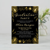 Invitation En Aluminium Moderne Black Gold Floral Script Graduation Photo (Debout devant)