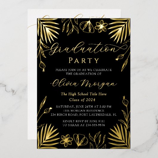 Invitation En Aluminium Moderne Black Gold Floral Script Graduation Photo (Recto/Verso)