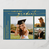 Invitation En Aluminium Moderne Bleu Script Diplômé de la photo (Recto)