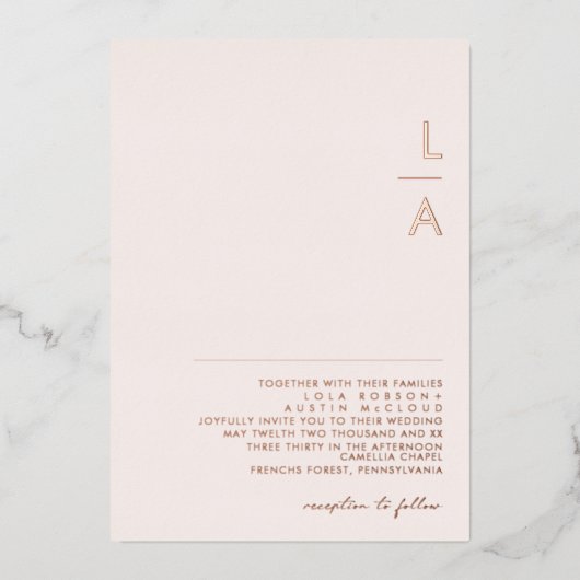 Invitation En Aluminium Moderne | Blush Et Rose Monogramme Or Mariage Réel (Recto)